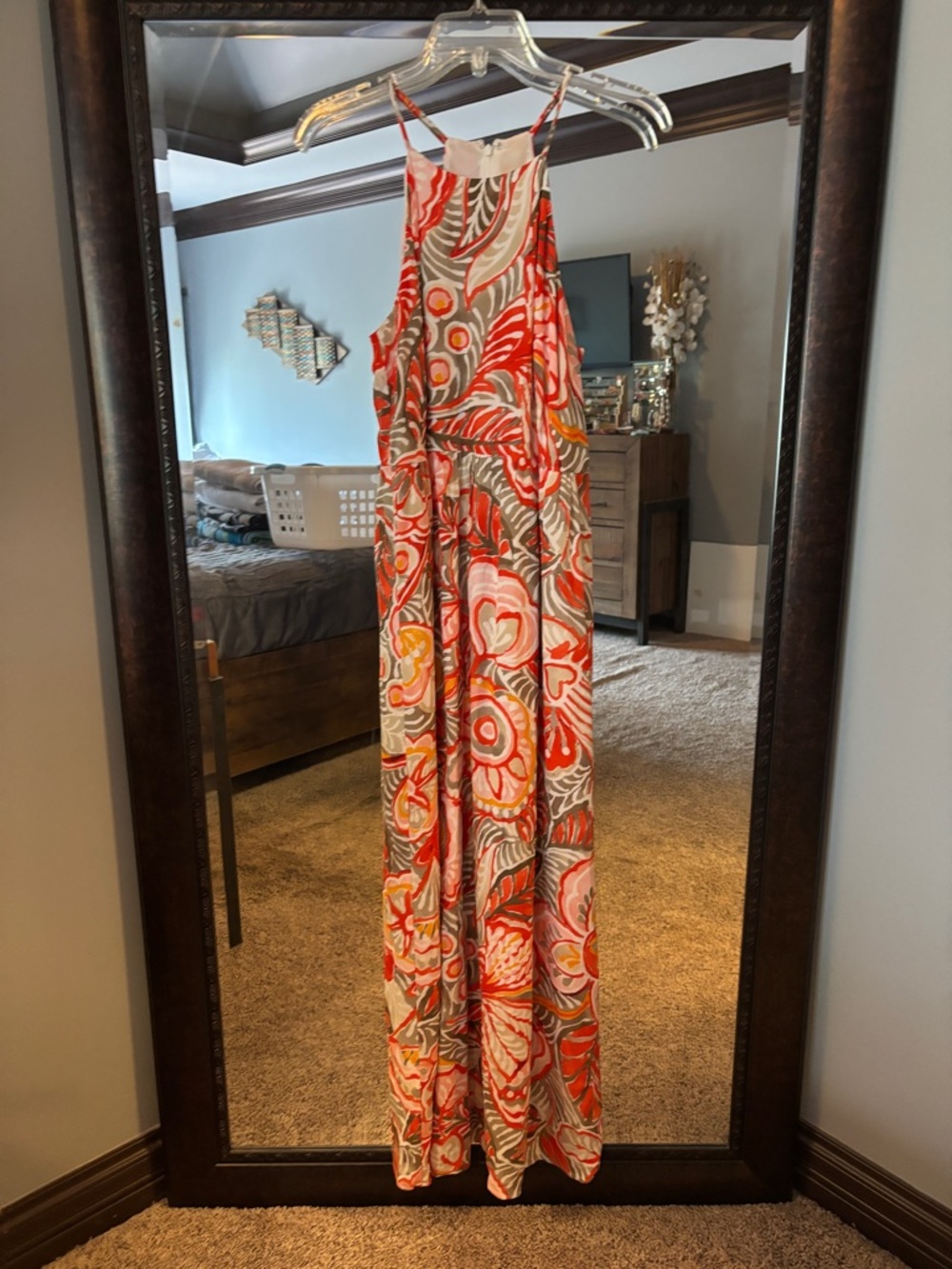 LOFT Coral Pink & Olive Floral Maxi Dress